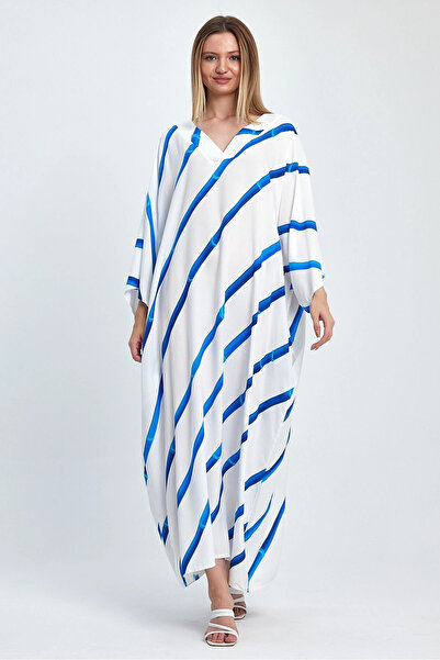 Denismoda Vp932 Women's V-Neck Back Parrot Print Large Size Dress White Blue