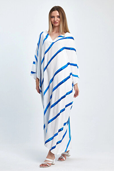 Denismoda VP932 Γυναικείο φόρεμα με λαιμόκοψη σε σχήμα V με σχέδιο παπαγάλου σε μεγάλο μέγεθος ΛΕΥΚΟ ΜΠΛΕ