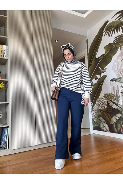 ASEL FASHİON Navy Blue Striped Sweat and Balloon Sleeve Double Set