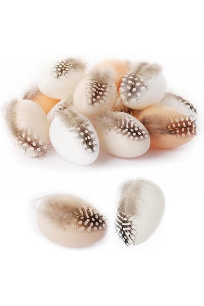 Fyojaic Set de 24 ouă de Paște Fyojaic cu pene, plastic, alb/maro, 4 x 6 cm