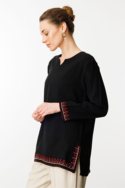 Desen Triko Women's Sleeve and Skirt Slit Skirt Embroidered Blouse Black