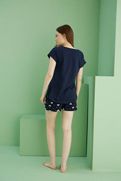 Siyah İnci lacivert desenli Pamuklu Bisiklet Yaka Örme Şort Takım25115034