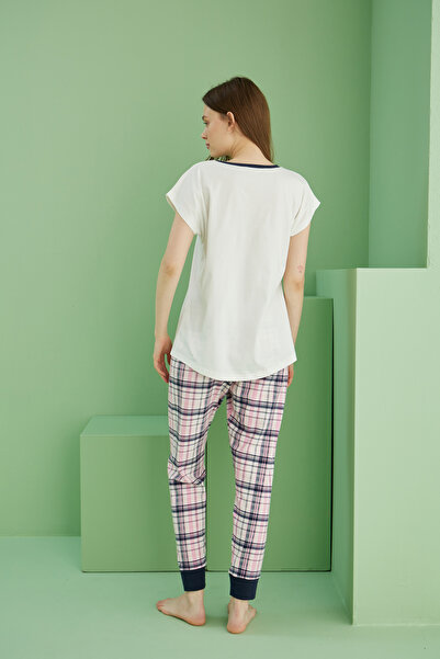 Siyah İnci Ecru Patterned Cotton Crew Neck Knitted Pajama Set 25117065