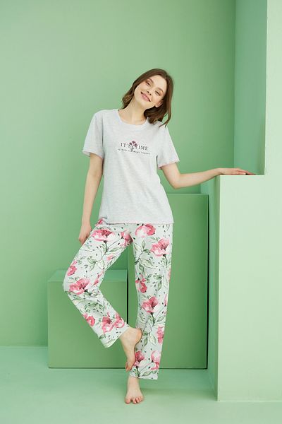 Siyah İnci Gray Melange Patterned Crew Neck Knitted Cotton Pajama Set 25113266