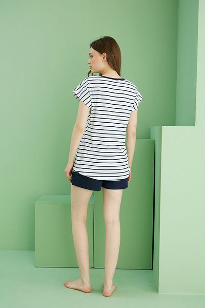 Siyah İnci Navy Blue and White Stripe Pattern Crew Neck Cotton Knitted Shorts Set 25111027