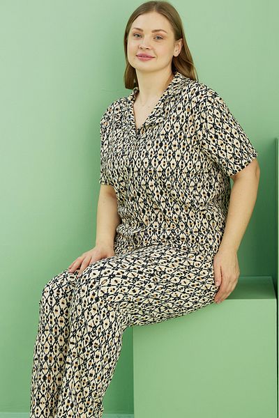 Siyah İnci Ecru Patterned Bürümcük Krınkıl Fabric Curve Large Size Oversize Buttoned Pajama Set 25118725