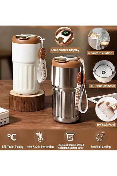 COOYA Travel Coffee Mug, 450ml with Temperature Display, Stainless Steel Vacuum Leakproof Tumbler