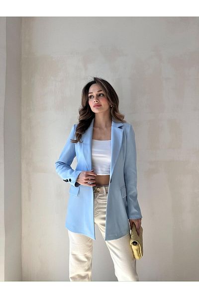 BUTİK ELAJ Women's Baby Blue Atlas Single Button Blazer Jacket