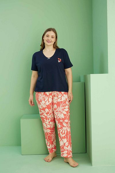 Siyah İnci Navy Blue Patterned Curve Plus Size Oversize Cotton Pajama Set 25113808