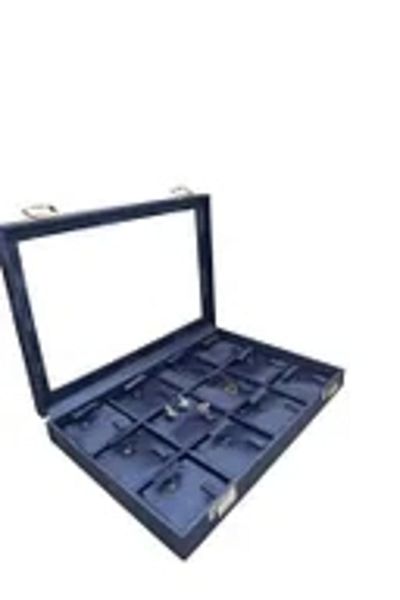MeGass Dekor New Glass Cover İmera Leather Fabric Navy Blue Color 34 cm / 24 cm Set of Three Tables