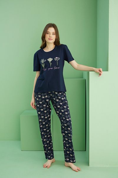 Siyah İnci Navy Blue Patterned Crew Neck Knitted Cotton Pajama Set 25113245