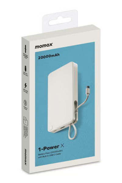 Momax 1-Power X Battery Pack 20000 mAh Power Bank with Built-in USB-C PD Cable - White