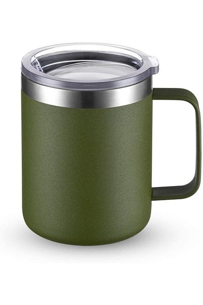 COOYA 12 oz Coffee Mug, Vacuum Sliding Lid, Double Wall Stainless Steel Handle(Green)