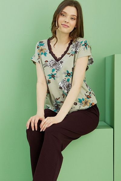 Siyah İnci Multicolor Pattern V-Neck Knitted Cotton Pajamas Suit 25113263