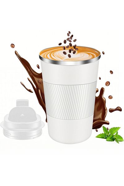 COOYA كوب قهوة للسفر سعة 12 أونصة، معزول بالفراغ مع غطاء مقاوم للانسكاب، للاستخدام المنزلي والمكتب (أبيض)