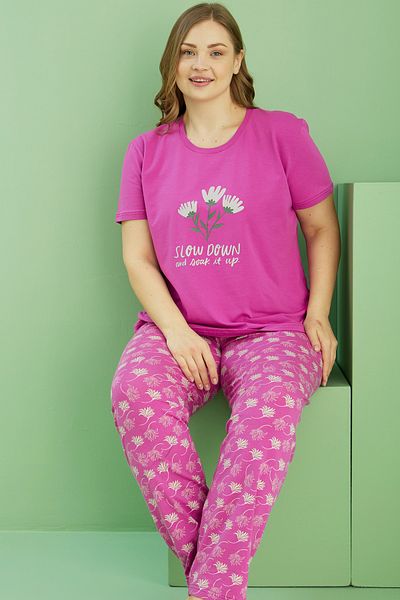 Siyah İnci Pink Patterned Curve Plus Size Oversize Cotton Pajama Set 25113788