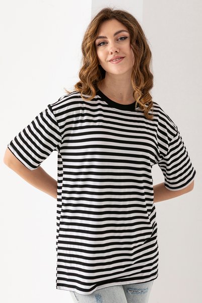 EtkiModa Women's Black White Striped Oversize Short Sleeve Viscose Combed Cotton Blouse