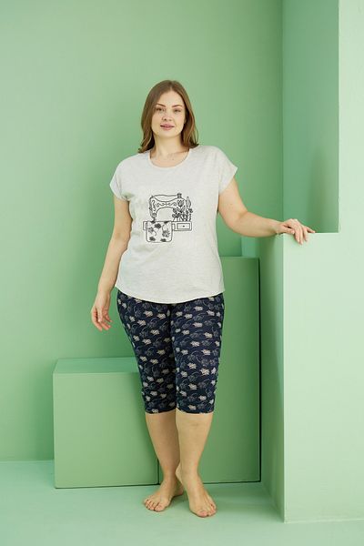 Siyah İnci Μπεζ μοτίβο Curve Plus Size Oversize Βαμβακερό Κάπρι Σετ 25112736