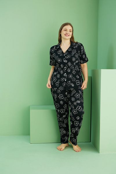 Siyah İnci Black Patterned Krin Killed Pajamas Large Size Buttoned Suit 25118727