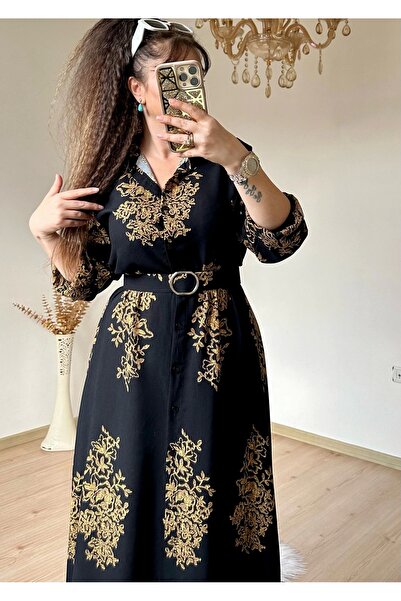 AZRA BUTİK Authentic Pattern Shirt Dress Black