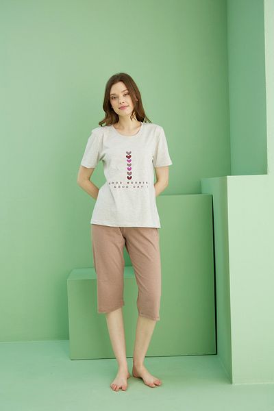 Siyah İnci Μπεζ μοτίβο Crew Neck Πλεκτό Βαμβακερό Κάπρι Κοστούμι 25112238