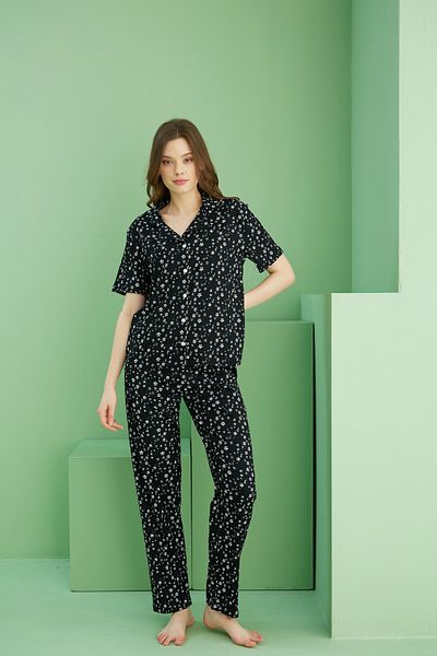Siyah İnci Black Patterned Burümcük Pajama Suit 25118558