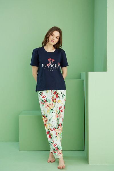 Siyah İnci Navy Blue Patterned Crew Neck Knitted Cotton Pajama Set 25113261