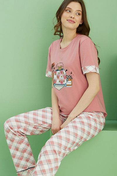 Siyah İnci Salmon Pattern Crew Neck Knitted Cotton Pajama Set 25113216