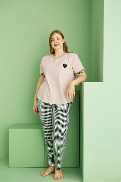 Siyah İnci Powder Patterned Curve Plus Size Oversize Cotton Pajama Set 25113736