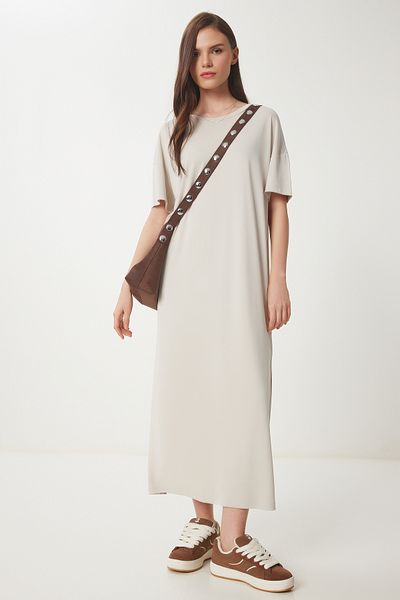 Lovelyİstanbul Oversize Basic Καλοκαιρινό Πλεκτό Φόρεμα STONE LUB0082