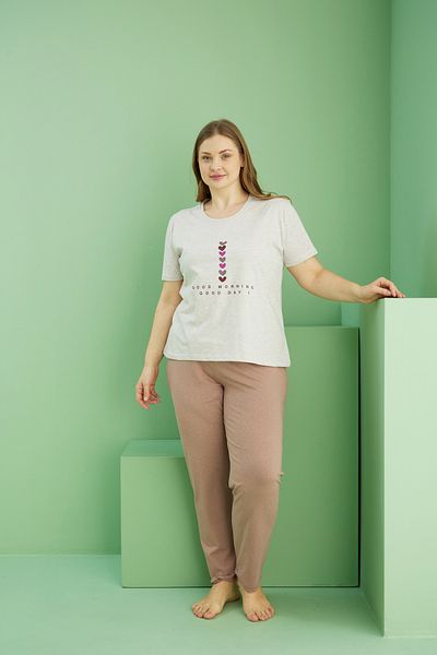 Siyah İnci Beige Melange Motives Curve Motives Large Size Oversize Cotton Pajama Set