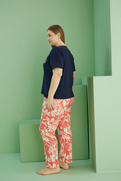 Siyah İnci lacivert desenli Curve Büyük Beden Battal Boy Pamuklu Pijama Takım25113808