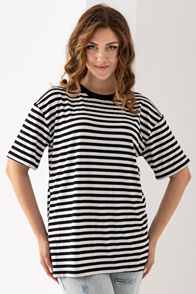 EtkiModa Γυναικεία Μαύρη Λευκή Ριγέ Μπλούζα Oversize Κοντό μανίκι βισκόζη χτε...