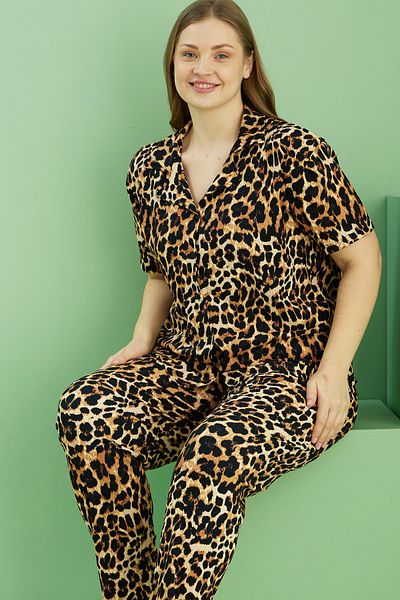 Siyah İnci Leopard Print Bürümcük Krınkıl Fabric Curve Large Size Oversize Buttoned Pajama Set 25118712