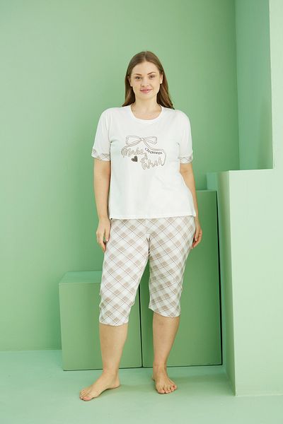 Siyah İnci Ecru Patterned Curve Large Size Oversize Cotton Capri Suit 25112748