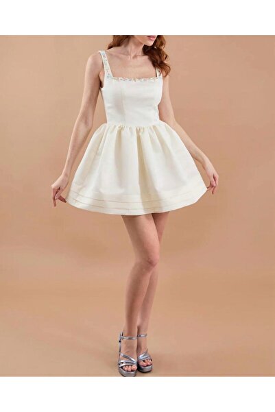 Shop Krutzo Kadın Ekru Saten El İşlemeli Kloş Mini Elbise