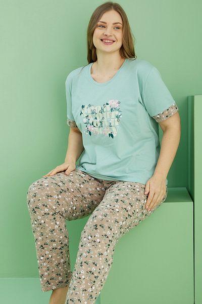 Siyah İnci Green Patterned Curve Plus Size Oversize Cotton Pajama Suit 25113756