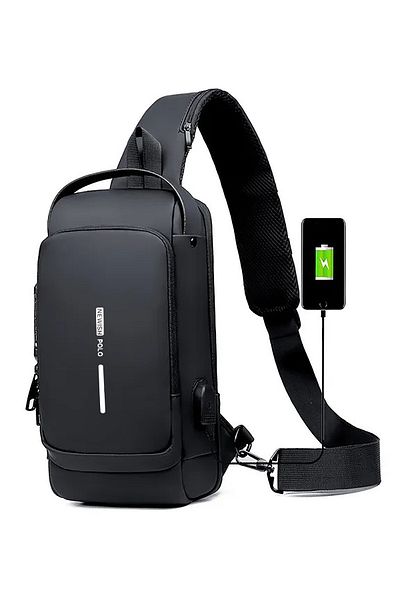Newish Polo Men's Black USB Port Cross Strap Shoulder and Waist Bag New222