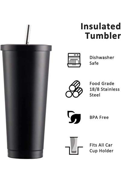 JOYZZZ 750ml Reusable Iced Coffee Travel Cup, Double-Wall Stainless Steel, Leak-Proof Lid & Metal St