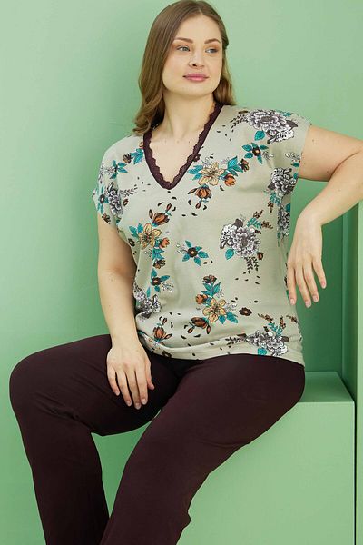 Siyah İnci Patterned Curve Plus Size Oversize Cotton Pajama Set 25113804