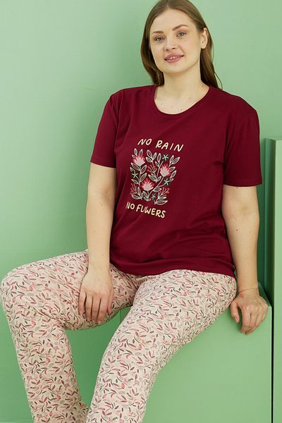Siyah İnci Dark Burgundy Patterned Curve Plus Size Oversize Cotton Pajama Suit 25113768