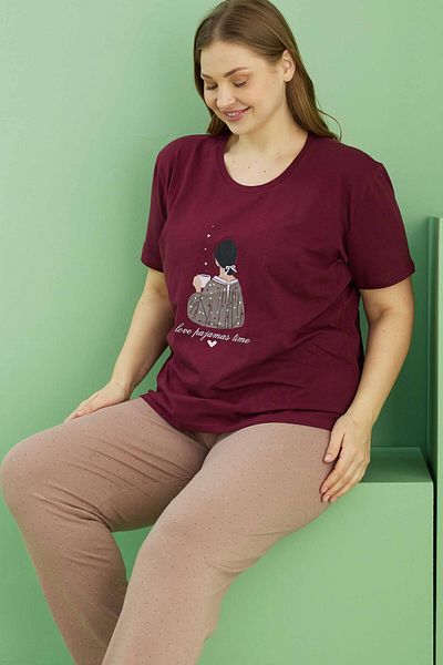 Siyah İnci Set de pijamale supradimensionate din bumbac cu imprimeu burgundă închis Curve Plus Size 25113810