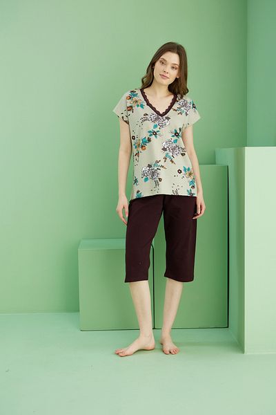 Siyah İnci Patterned V-Neck Knitted Cotton Capri Suit 25112239