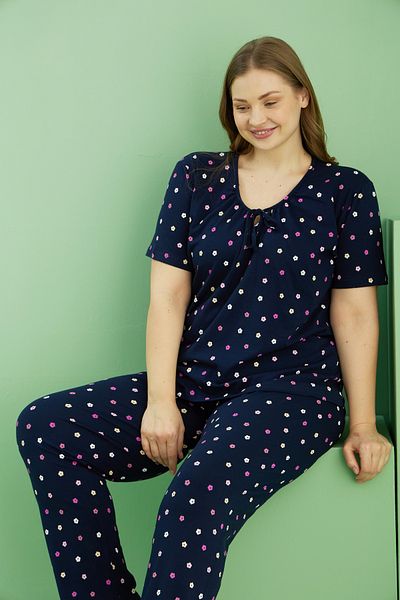 Siyah İnci Navy Blue Patterned Curve Plus Size Oversize Cotton Pajama Set 25113764