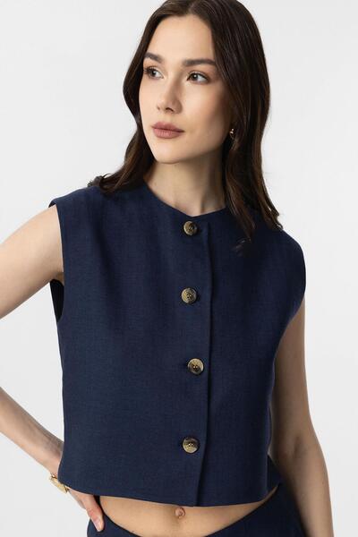 Antioch Navy Blue Linen Blended Women's Vest