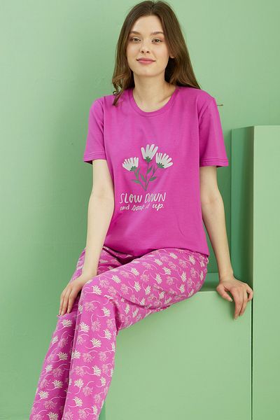 Siyah İnci Pink Patterned Crew Neck Knitted Cotton Pajama Set 25113255