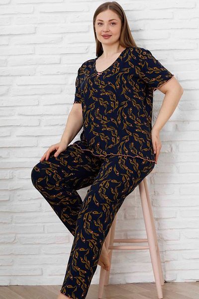Siyah İnci Navy Blue Patterned Buttoned Curve Plus Size Oversize Cotton Pajama Set 25113822