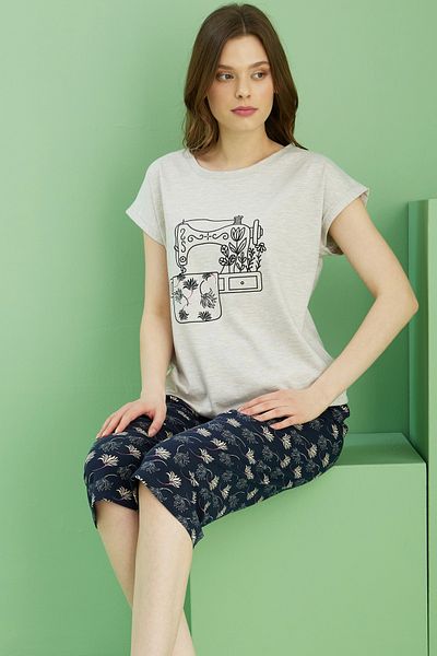 Siyah İnci Μπεζ μοτίβο Crew Neck Πλεκτό Βαμβακερό Κάπρι Κοστούμι 25112223