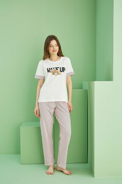Siyah İnci Ecru Patterned Cotton Crew Neck Knitted Pajama Set 25117063