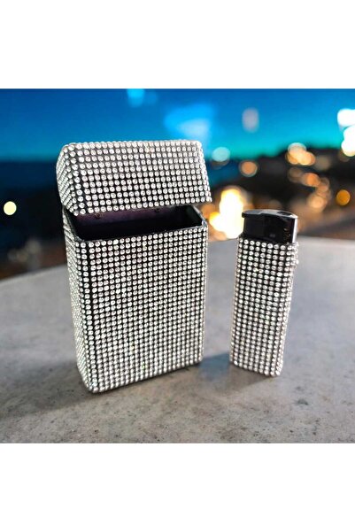 Zey Desing Kalın Taşlı Sigara kutusu ve Çakmak (Slim Uzun)